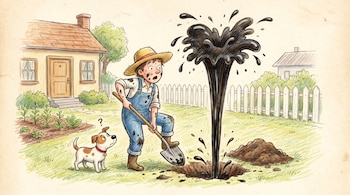 Ilustración de un hombre con overol y sombrero de paja, un perro, petróleo brotando de un hoyo en un jardín con una casa y una cerca.