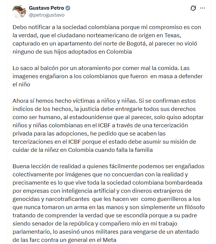 El caso continúa en investigación, pero el mandatario reveló nuevos detalles antes de anunciarse la liberación del ciudadano norteamericano - crédito Gustavo Petro / X