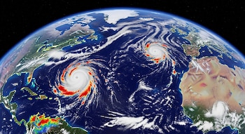 Vista satelital de la Tierra mostrando dos grandes ciclones tropicales con nubes blancas y centros rojos sobre el océano Atlántico. Se ven partes de América, Europa y África.