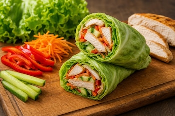 Dos mitades de un wrap de pollo envuelto en lechuga sobre una tabla de madera, junto a pepino, pimiento, zanahoria y pechuga cortada.