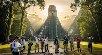 Once turistas están en un sendero frente a tres pirámides antiguas y árboles grandes bajo un cielo luminoso con rayos de sol.