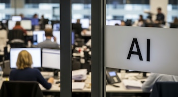 Vista de una redacción con periodistas desenfocados en sus escritorios, vista a través de una puerta entreabierta que muestra las letras 'AI' en primer plano.