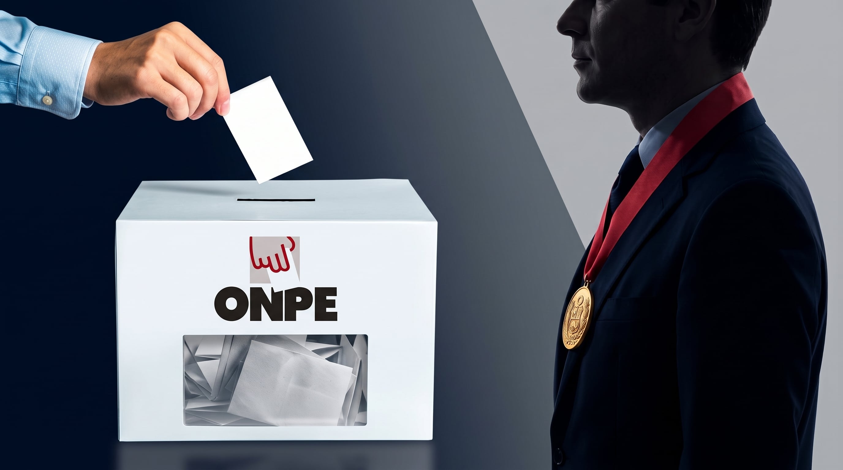Un ciudadano deposita su voto en una urna de la ONPE frente a la silueta de un alcalde investido con medalla oficial en Perú. (Imagen Ilustrativa Infobae)