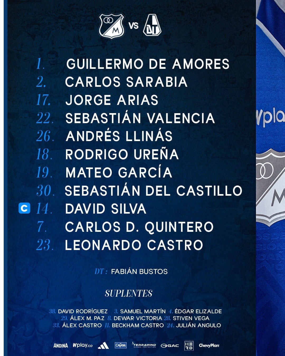 Los titulares de Millonarios para el partido ante Deportes Tolima en El Campín - crédito MillosFCoficial/X