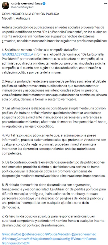Andrés Gury Rodríguez cuestionó campaña de insinuaciones sin pruebas y defiende su honra - crédito @AndresGuryRod/X