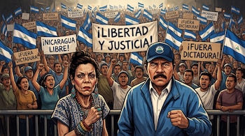 Ilustración con Daniel Ortega y Rosario Murillo en primer plano y manifestantes con banderas de Nicaragua y pancartas al fondo.