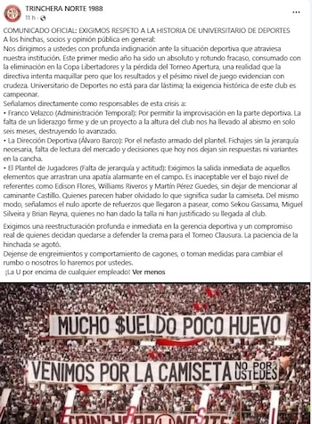 El contundente comunicado de la Trinchera Norte por el mal momento de Universitario. - captura: Trinchera Norte