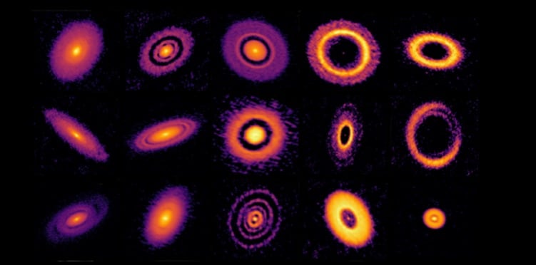 Los 15 discos protoplanetarios más brillantes de Ofiuco (observados por el proyecto ODISEA y DSHARP), en los que se puede observar la presencia de anillos y surcos de diferentes tamaños que indican la presencia de cuerpos en formación (Orcajo, S. et al. 2025)