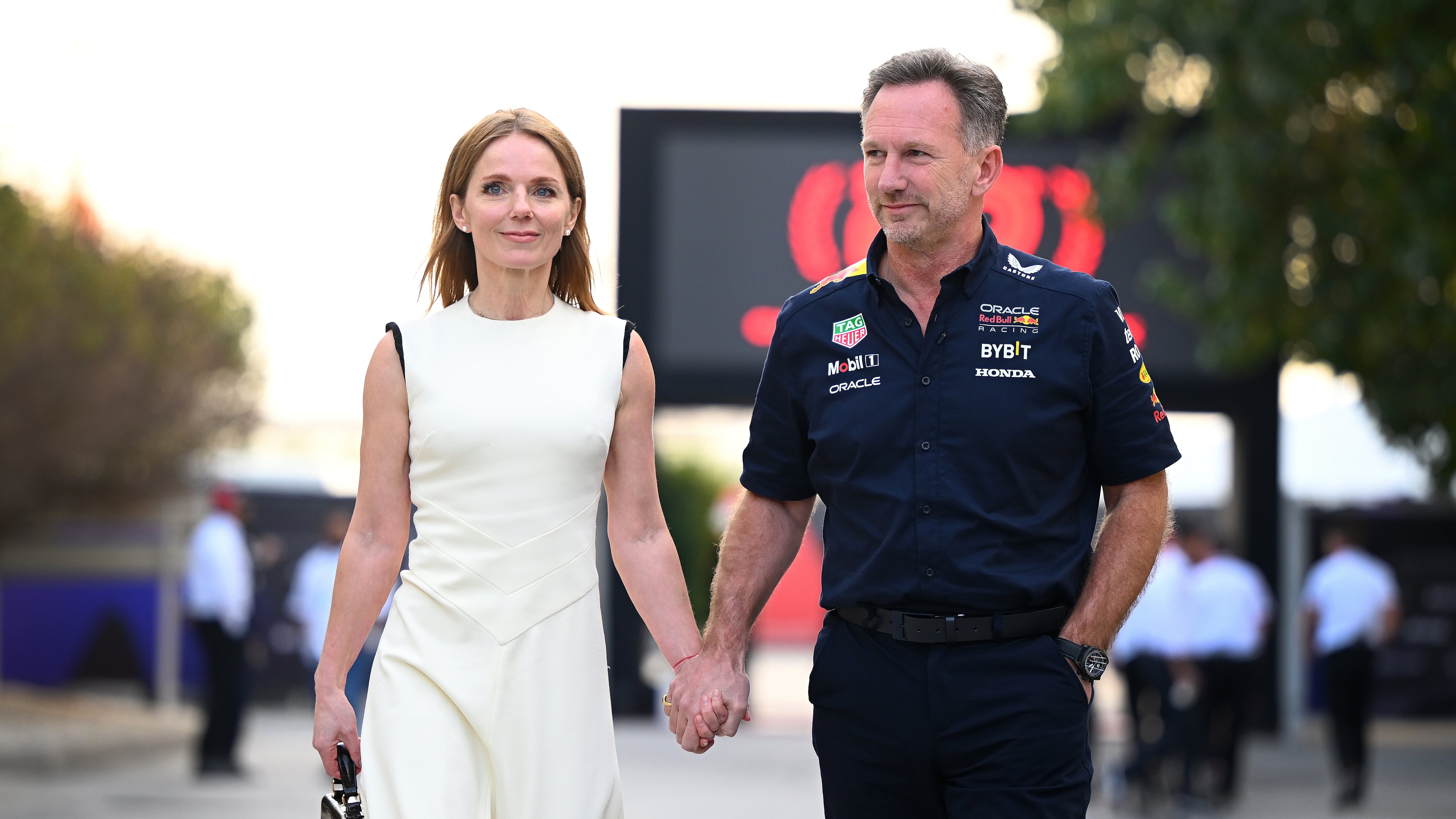 Christian Horner y su mujer, Geri Halliwell, quien le anticipó que la cúpula de Red Bull no lo quería (Photo by Clive Mason/Getty Images)
