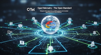 Un globo terráqueo digital con el logo de Google Cloud en su centro, conectado por líneas de datos a iconos de sistemas. Arriba, se lee "OpenTelemetry - The Open Standard".
