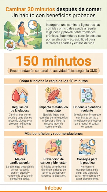 Infografía que muestra a una mujer caminando y varios iconos relacionados con la salud, incluyendo regulación de glucosa, corazón, estómago y zapatillas de deporte.