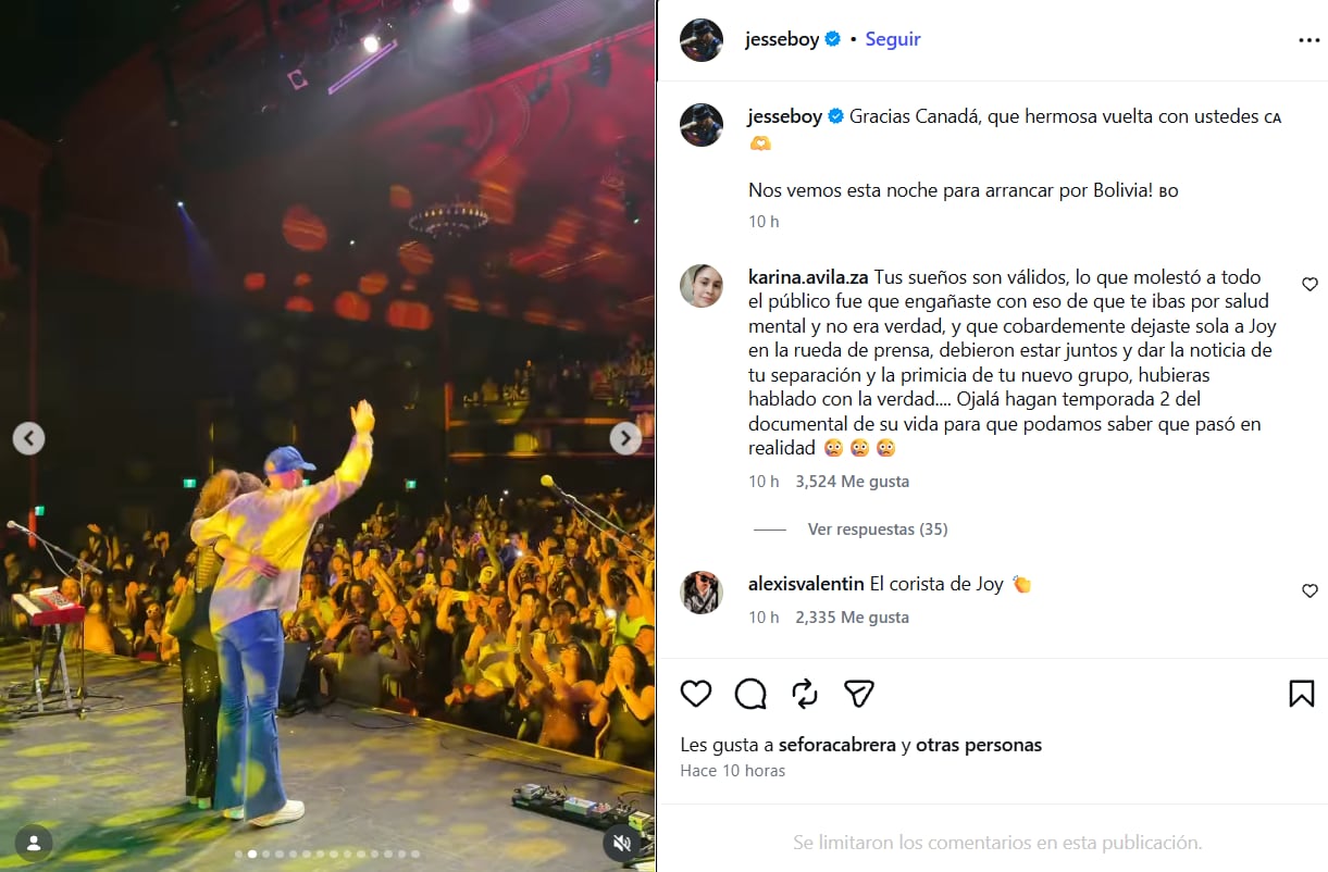 Los integrantes del dúo Jesse y Joy se abrazan sobre el escenario durante una presentación en Toronto ante una multitud. (Instagram: Jesse Huerta)
