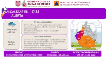 Infografía del Gobierno CDMX sobre alerta púrpura por tormentas intensas en Cuajimalpa y alcaldías colindantes, con mapa, iconos de lluvia y texto