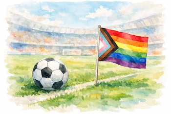 Dibujo en acuarela de un balón de fútbol en el césped de un estadio, con una bandera de progreso LGBT+ ondeando a su lado bajo un cielo azul claro.