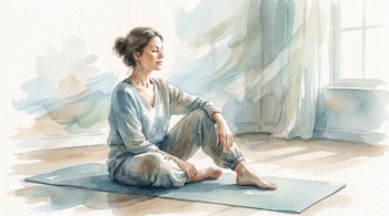 Ilustración en acuarela de una mujer sentada en el suelo sobre un tapete azul, con ojos cerrados y piernas dobladas, en un espacio iluminado.