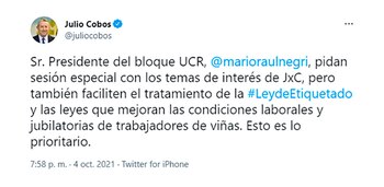 El reclamo de Cobos para