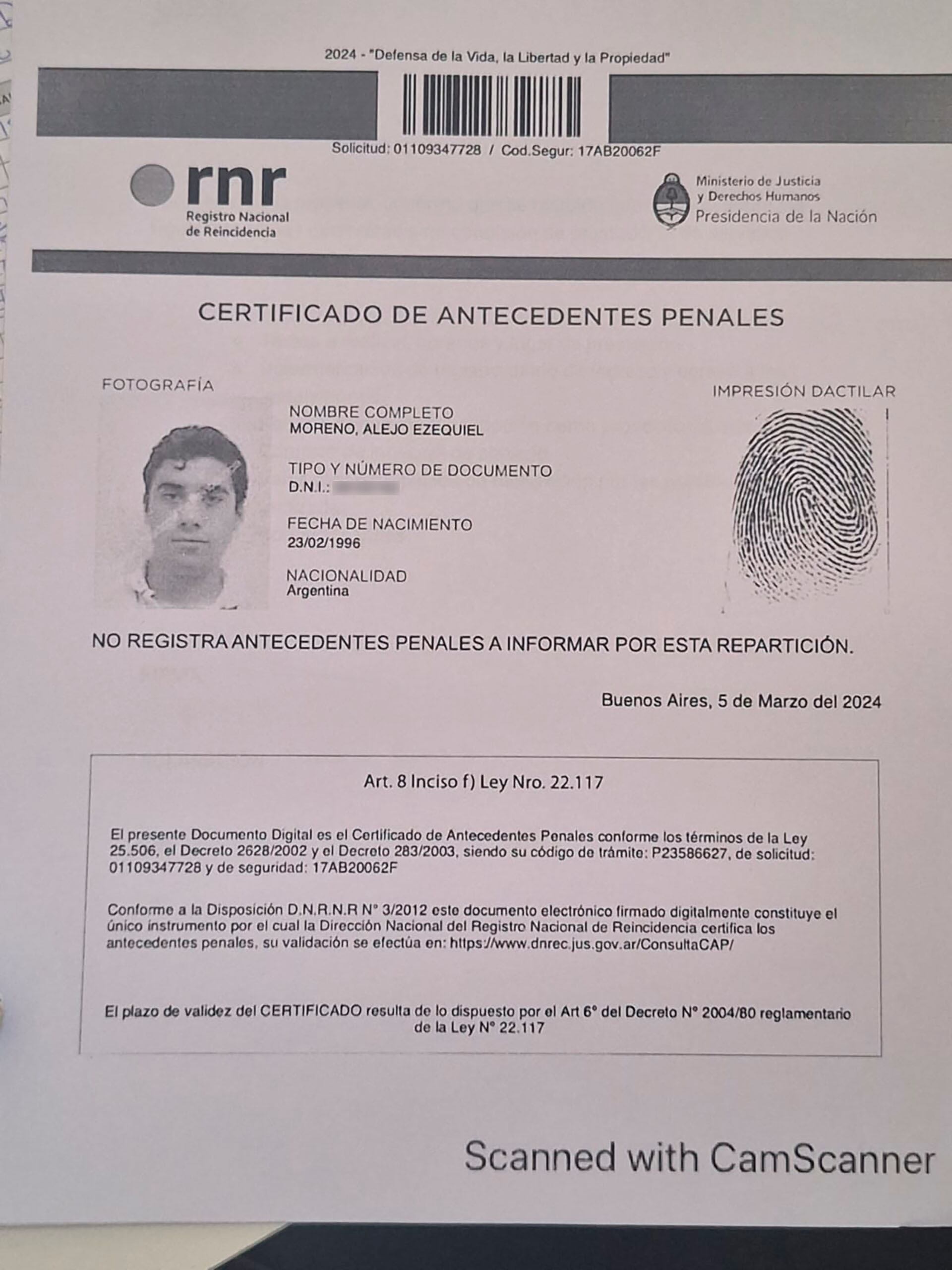 La ficha de Alexis Ezequiel Moreno.