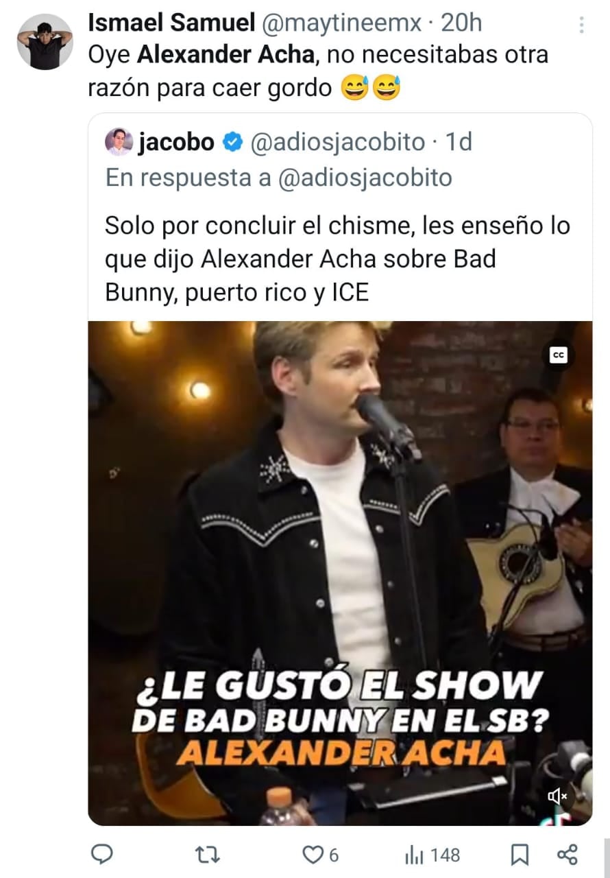 Usuarios de X calificaron las declaraciones de Alexander Acha como desafortunadas. (X)