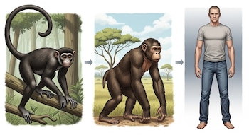 Ilustración que muestra la secuencia de un mono con cola en un árbol, un chimpancé en el suelo y un hombre de pie, con flechas indicando progresión.