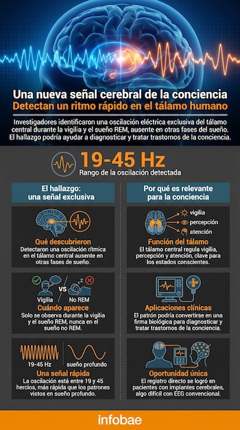 Infografía muestra un cerebro humano con tálamo resaltado y ondas cerebrales, explicando un ritmo rápido (19-45 Hz) detectado en vigilia y sueño REM con potencial clínico.