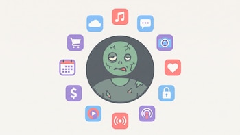 Icono de usuario zombi con piel verde, grietas y ropa rota, rodeado por diez iconos de aplicaciones: carrito, nube, nota musical, chat, cámara, corazón, candado, streaming, dólar, calendario y podcast