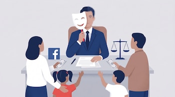 Hombre con traje sostiene máscara cubriendo rostro pixelado. Escritorio con papeles, balanza y logo de Facebook. Familia de cuatro personas entrega dinero.