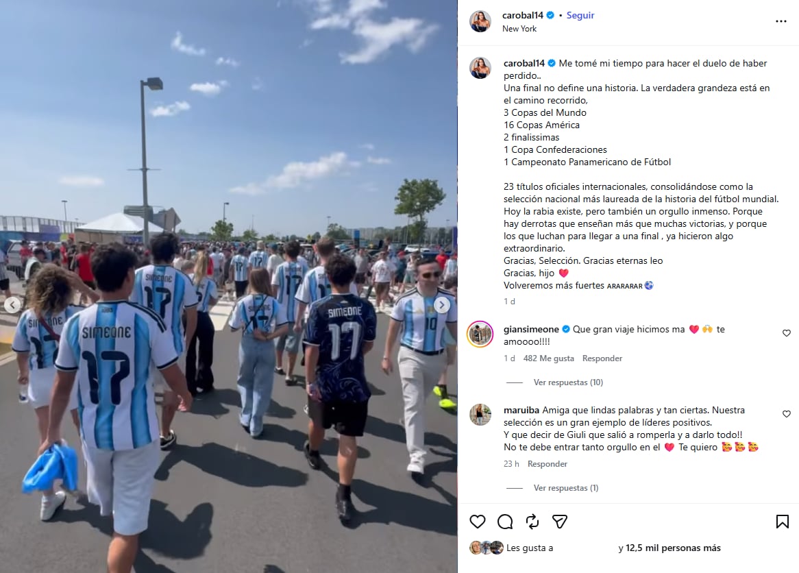 Carolina Baldini emociona con un mensaje para Giuliano Simeone y la Selección argentina