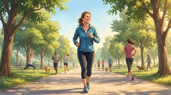 Ilustración de personas activas en un parque. Una mujer sonriente en primer plano trota, mientras otros caminan, corren o estiran rodeados de árboles frondosos.