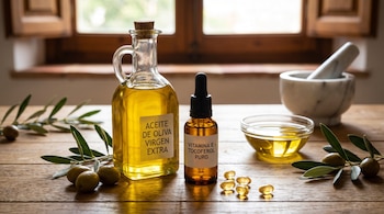 Botella de aceite de oliva, frasco de vitamina E con cuentagotas, cápsulas doradas, aceitunas verdes, ramas de olivo, tazón con aceite, mortero y mano.