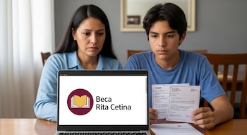 Una madre y su hijo adolescente sentados en una mesa, mirando una laptop abierta. La pantalla muestra el logo y nombre de la Beca Rita Cetina. El hijo sostiene documentos.