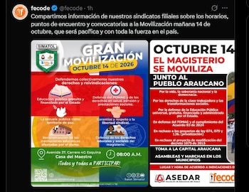 Fecode y diversos sectores sindicales convocaron a jornadas de movilización nacional para el 14 de octubre - crédito @fecode/X