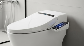 Plano medio de un inodoro inteligente blanco con tapa cerrada y un panel de control digital táctil que muestra íconos azules, ubicado en un baño moderno.