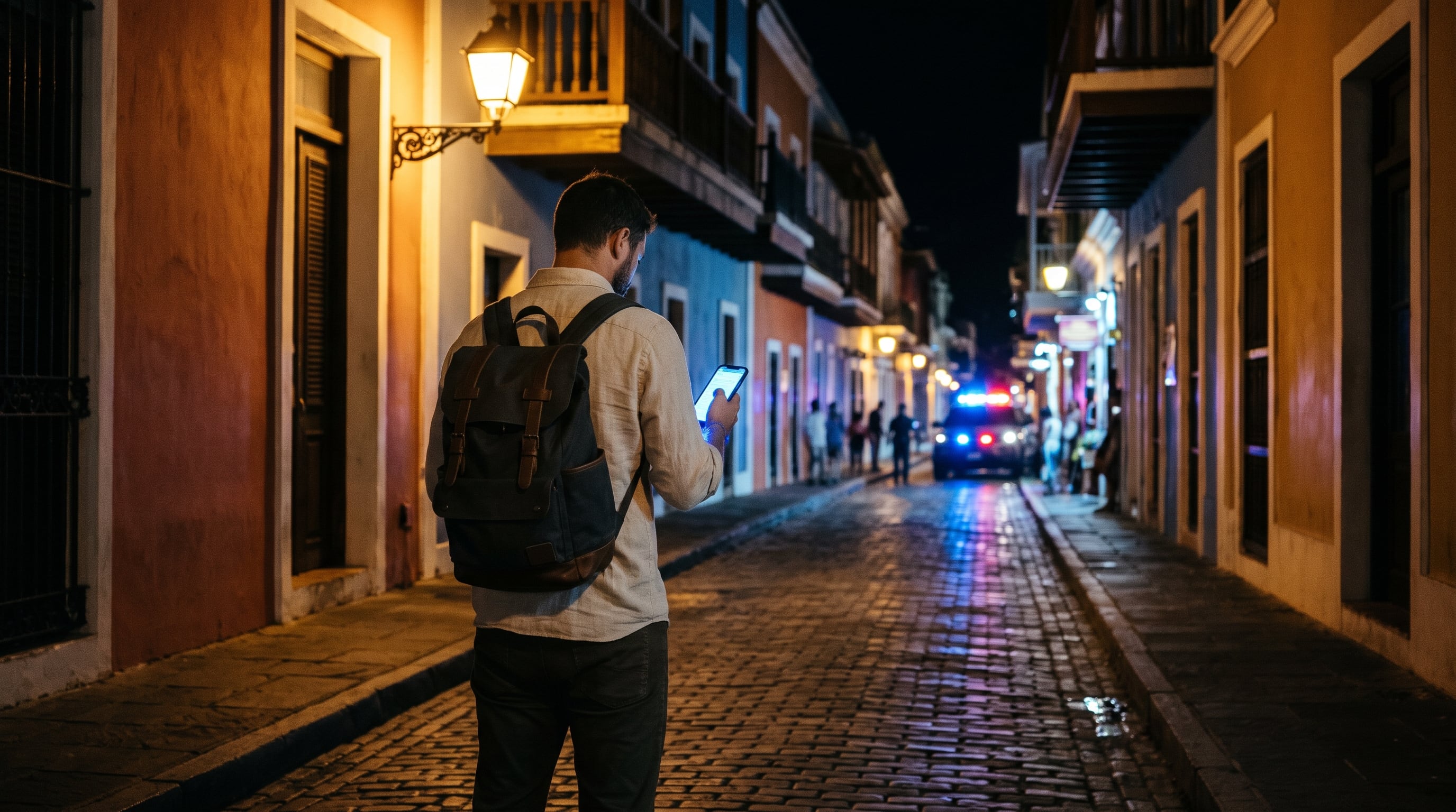 Un turista con mochila camina de noche por una calle colonial del Caribe y mira su teléfono móvil mientras un vehículo de seguridad permanece detenido al fondo. (Imagen Ilustrativa Infobae)
