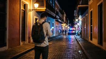Un hombre de espaldas con mochila mira un teléfono en una calle empedrada iluminada por farolas, frente a un vehículo policial con luces encendidas.