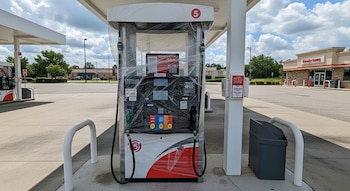 Vista frontal de un surtidor de gasolina con los colores blanco, negro y rojo, totalmente envuelto en plástico transparente en una estación de servicio.