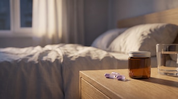 Tres cápsulas violeta y blancas, una botella de vidrio ámbar, un vaso de agua, una mesita de noche de madera y una cama con sábanas blancas en un dormitorio.