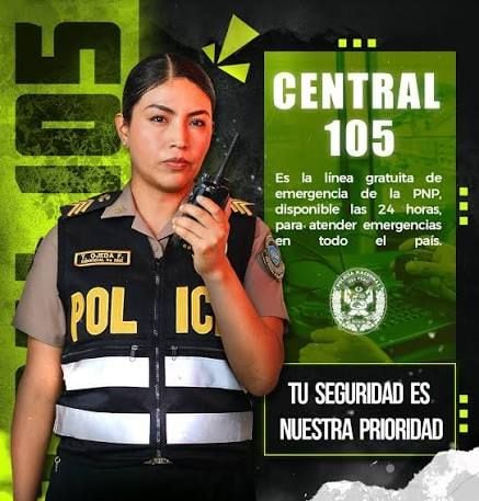 La Policía Nacional del Perú difunde la Central 105 como su línea gratuita de atención de emergencias disponible las 24 horas en todo el país.