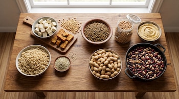 Vista aérea de una mesa de madera con cuencos de tofu, tempeh, soja, lentejas, garbanzos, hummus, quinoa, semillas de cáñamo, cacahuetes y porotos variados.