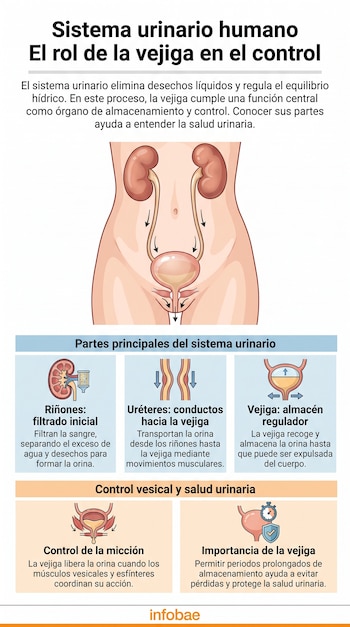 Un diagrama didáctico muestra el sistema urinario humano con riñones, uréteres y vejiga. Se describen sus funciones y el control vesical. Fuente: Infobae.