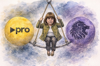 Ilustración en acuarela de Patricia Bullrich en un péndulo entre el logo amarillo de PRO y el logo violeta del león de La Libertad Avanza.