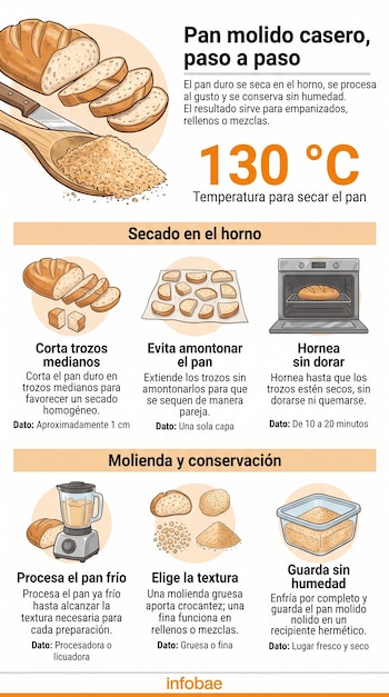 Infografía con ilustraciones de rebanadas de pan, un horno eléctrico, una procesadora y recipientes con pan molido.