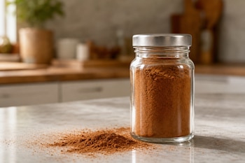 Un frasco de vidrio con tapa metálica que contiene canela molida junto a polvo esparcido sobre una mesada.