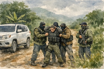 Ilustración acuarela: Cinco hombres en camino de tierra junto a camioneta. Cuatro armados y encapuchados retienen a un hombre con uniforme táctico y chaleco.
