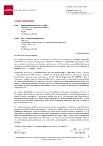 Documento de la Comisión de Control de los Ficheros de Interpol que confirma que actualmente no existe ningún dato registrado sobre el presidente Gustavo Petro en el Sistema de Información de la organización - crédito Presidencia de la República