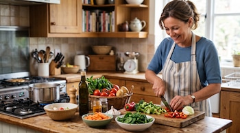 Una mujer con delantal corta pimientos sobre una tabla junto a brócoli, espinacas, zanahorias y aceite de oliva en una cocina.
