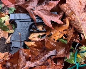 Pistola de color negro semioculta entre hojas secas y húmedas de color marrón y naranja, sobre tierra húmeda. Se observan pequeñas ramas y hojas verdes