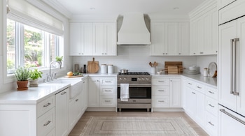 Cocina blanca con gabinetes de madera, estufa de acero inoxidable, fregadero junto a una ventana y plantas en macetas.