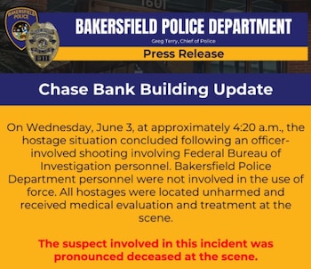 Captura de pantalla de un comunicado de prensa del Departamento de Policía de Bakersfield sobre una actualización del edificio de Chase Bank