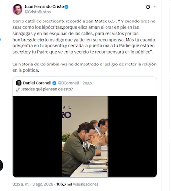 El exministro Juan Fernando Cristo cuestionó al gabinete de Abelardo de la Espriella por retiro espiritual - crédito @CristoBustos/X