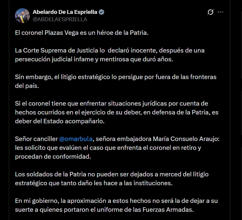 Abelardo de la Espriella pidió al canciller Omar Bula y a la embajadora colombiana en Estados Unidos, María Consuelo Araujo, que revisen la situación del coronel retirado Luis Alfonso Plazas Vega - crédito @ABDELAESPRIELLA/X